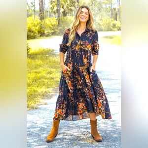 Rebecca Midi Dress - Navy Red Bouquets Size S